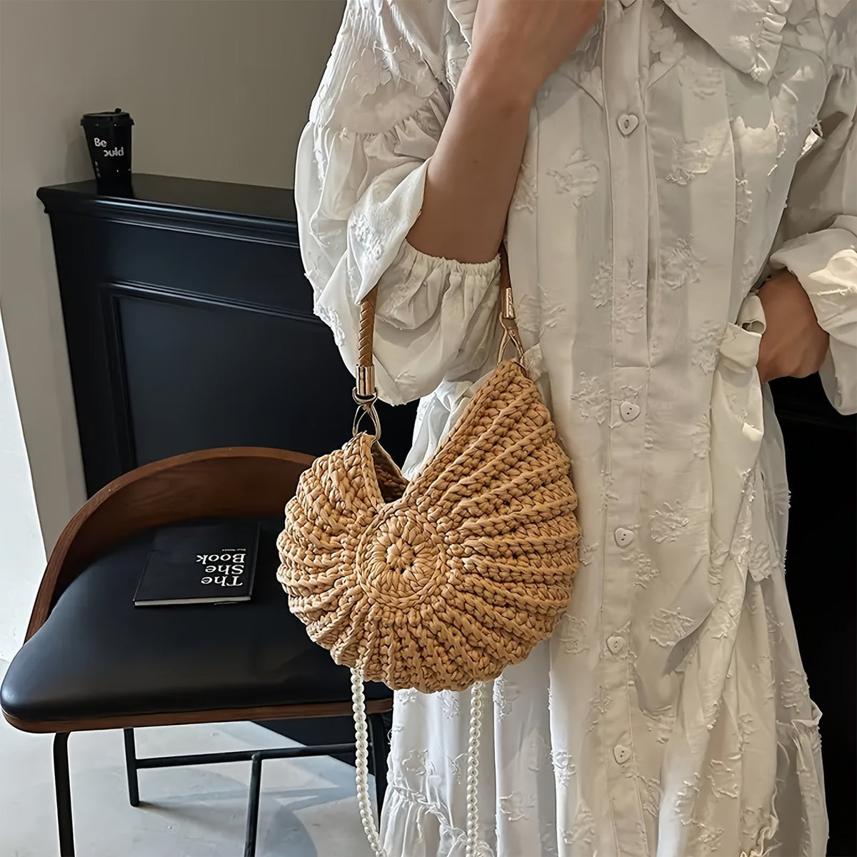 Tea | Borsa Tote Intrecciata con Manico a Catena - Color Cammello
