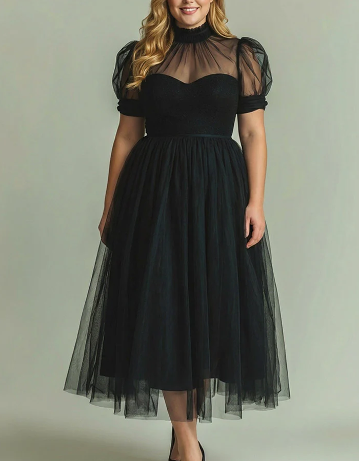 Allegra | Abito Midi con Collo Alto e Maniche a Sbuffo