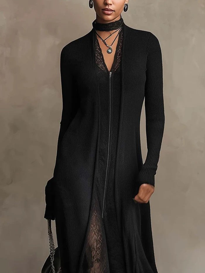 Selene | Abito Maxi Effetto Cardigan con Inserti in Pizzo