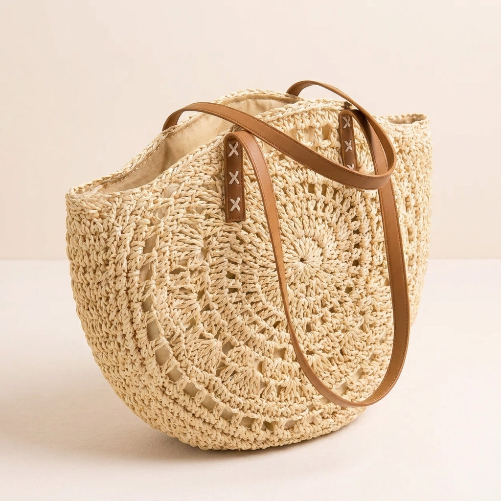 Luigia | Borsa Rotonda Intrecciata con Stampa - Beige Naturale