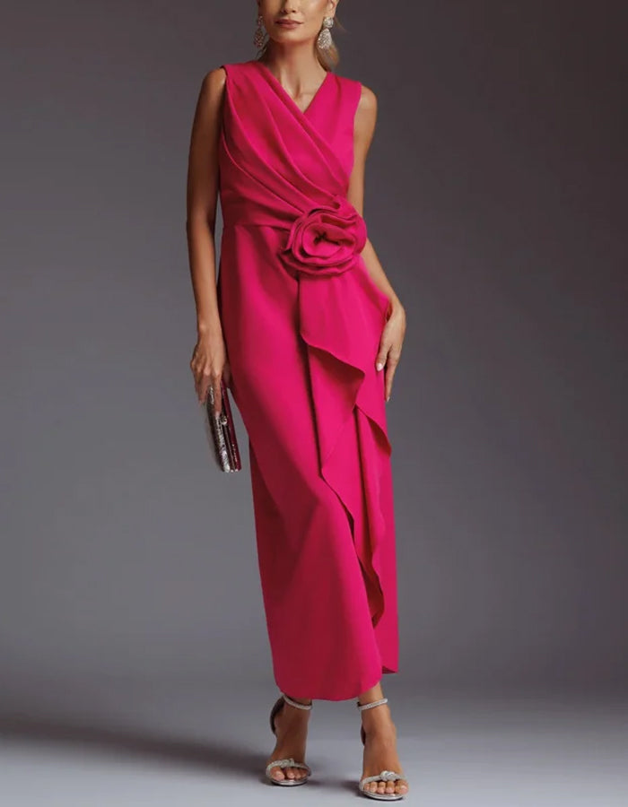 Elisabetta | Abito Midi Drappeggiato con Fiore in Vita e Spacco