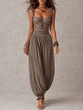 Siena | Completo bandeau in pizzo marrone e pantaloni harem in cotone plissettato