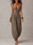 Siena | Completo bandeau in pizzo marrone e pantaloni harem in cotone plissettato