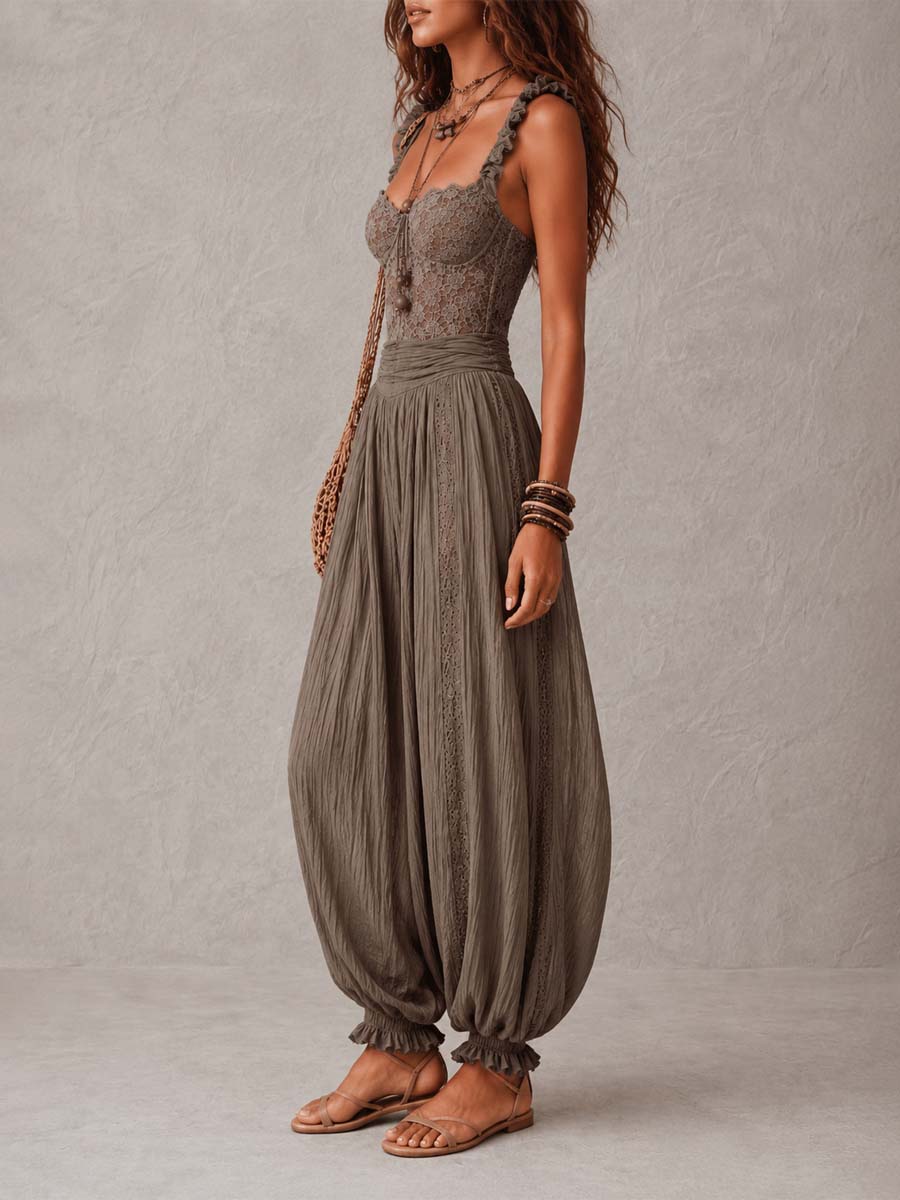 Siena | Completo bandeau in pizzo marrone e pantaloni harem in cotone plissettato