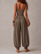 Siena | Completo bandeau in pizzo marrone e pantaloni harem in cotone plissettato