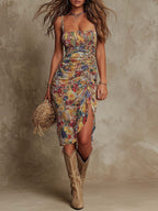 Silvia | Abito midi boho con stampa floreale e arricciature