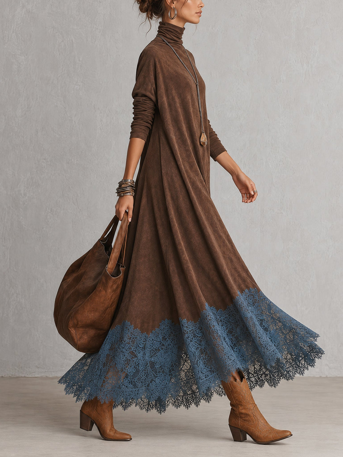 Leonora | Abito Maxi con Orlo in Pizzo e Maniche Arricciate
