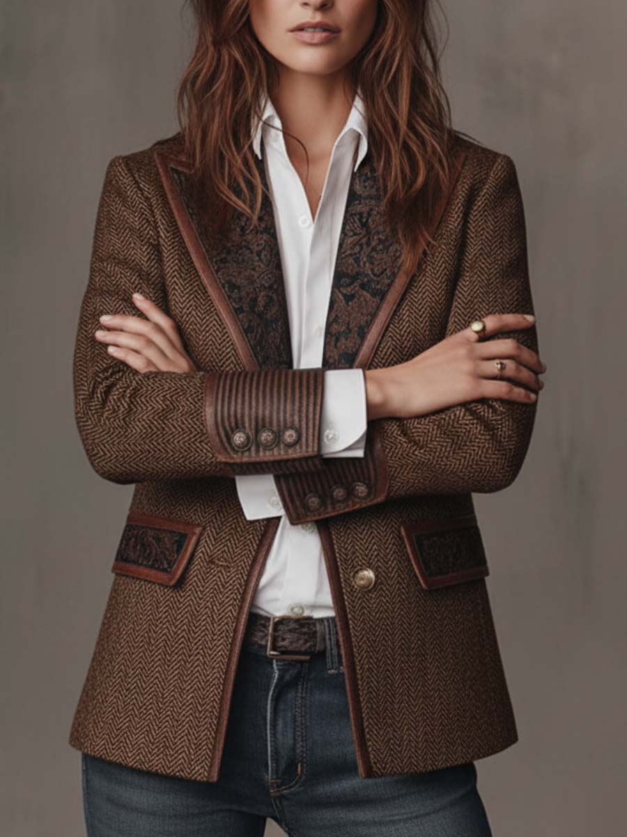 Gisella | Blazer Marrone a Pannelli Chevron