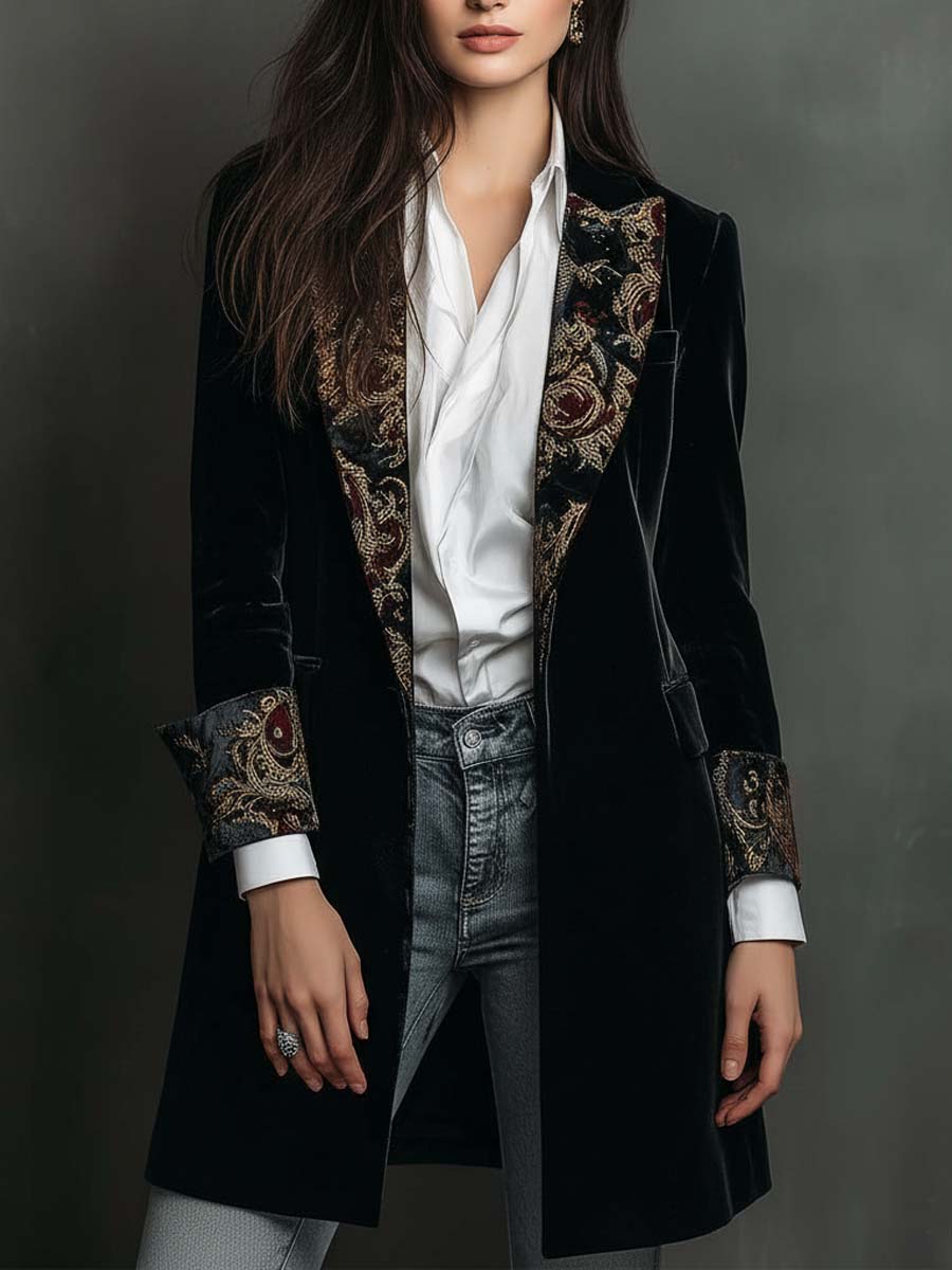 Leontina | Blazer Nero Aderente Stampa Barocca