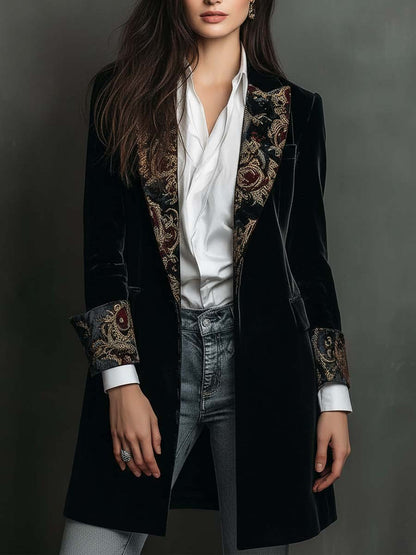 Leontina | Blazer Nero Aderente Stampa Barocca