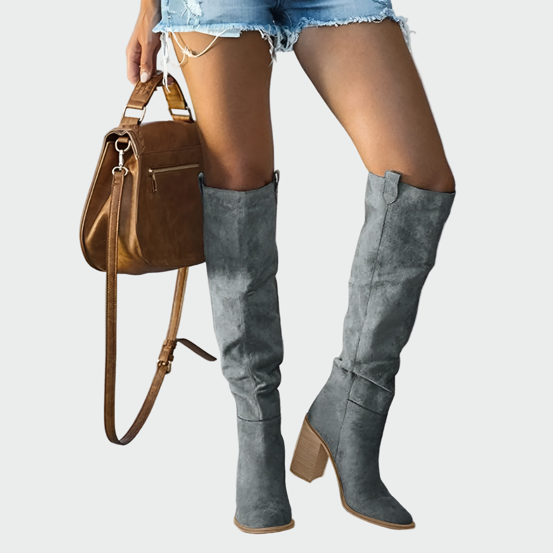 Stivali alti da donna stile Western in camoscio marrone