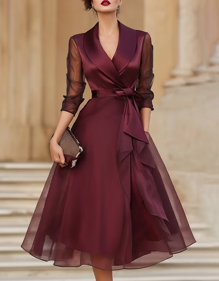 Mirella | Abito Midi con Scollo a V e Fiocco in Vita