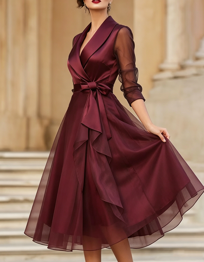 Mirella | Abito Midi con Scollo a V e Fiocco in Vita
