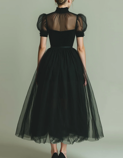 Allegra | Abito Midi con Collo Alto e Maniche a Sbuffo