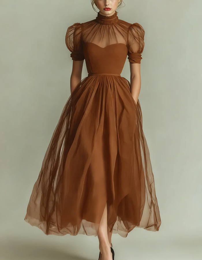 Allegra | Abito Midi con Collo Alto e Maniche a Sbuffo