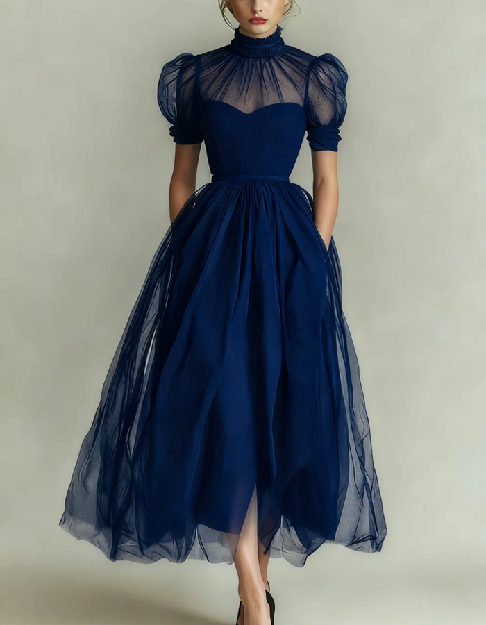 Allegra | Abito Midi con Collo Alto e Maniche a Sbuffo