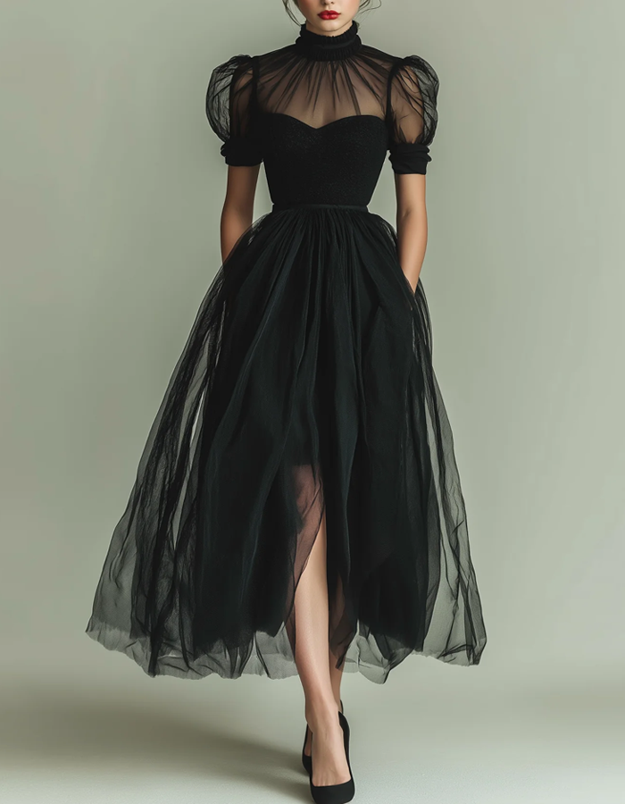 Allegra | Abito Midi con Collo Alto e Maniche a Sbuffo