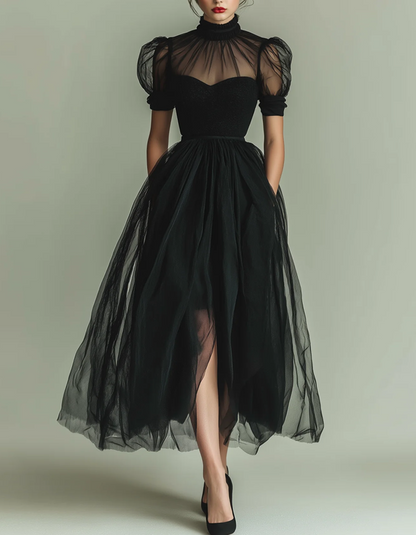 Allegra | Abito Midi con Collo Alto e Maniche a Sbuffo