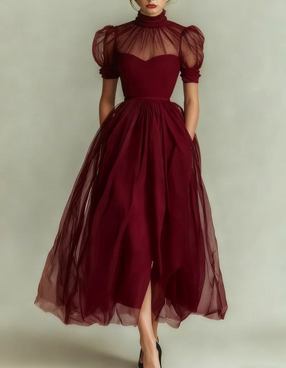 Allegra | Abito Midi con Collo Alto e Maniche a Sbuffo