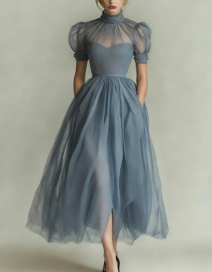 Allegra | Abito Midi con Collo Alto e Maniche a Sbuffo