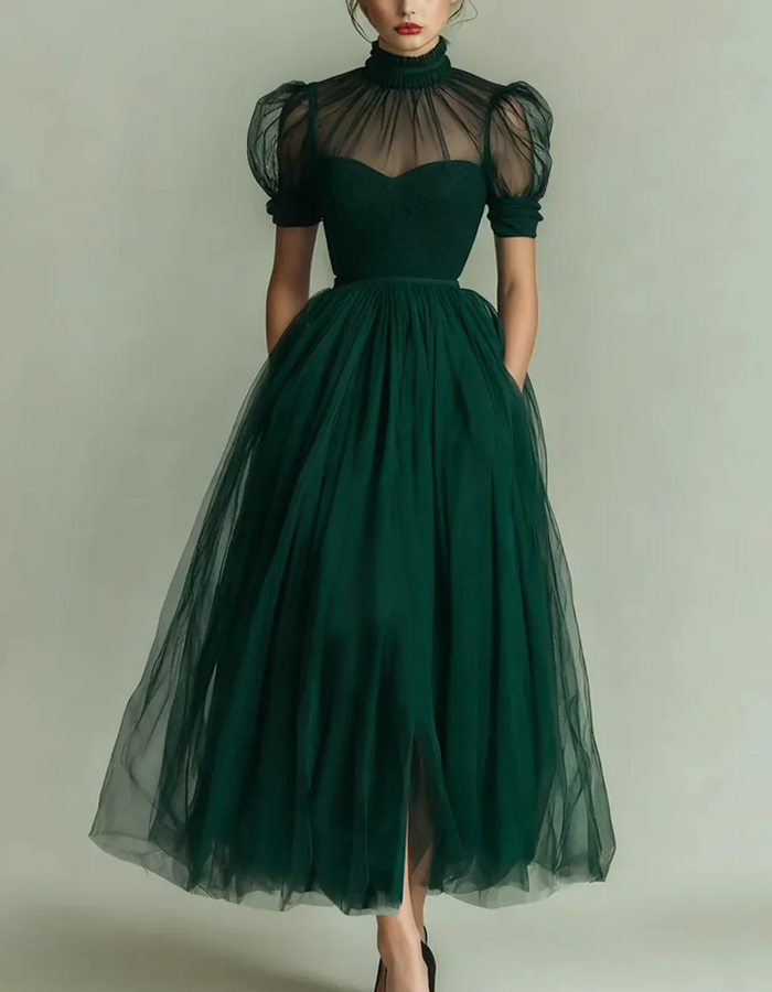 Allegra | Abito Midi con Collo Alto e Maniche a Sbuffo