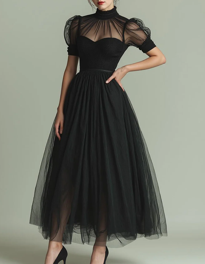 Allegra | Abito Midi con Collo Alto e Maniche a Sbuffo