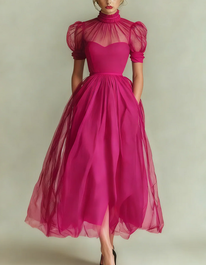 Allegra | Abito Midi con Collo Alto e Maniche a Sbuffo