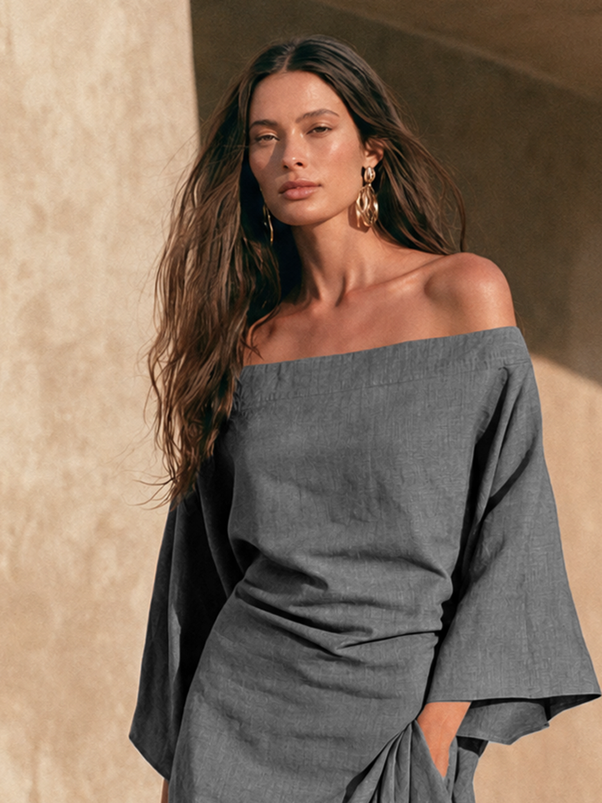 Aura | Abito Maxi con Spalle Scoperte e Maniche Svasate