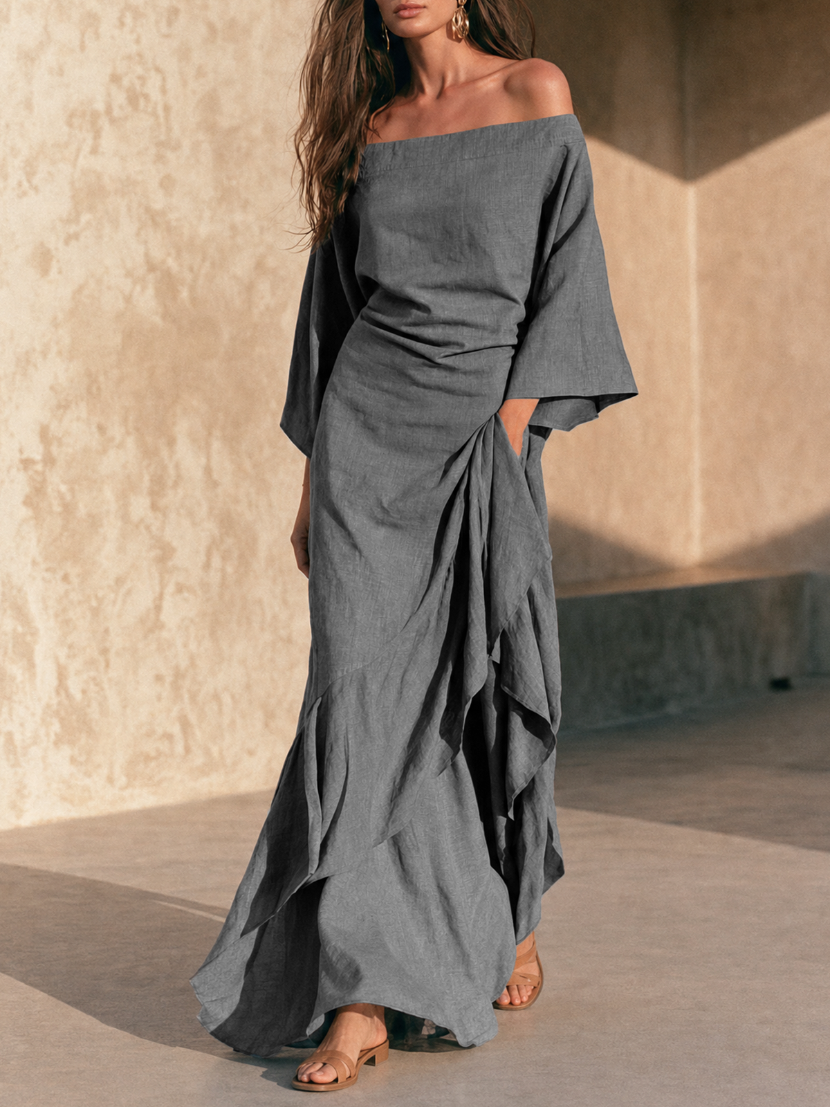 Aura | Abito Maxi con Spalle Scoperte e Maniche Svasate