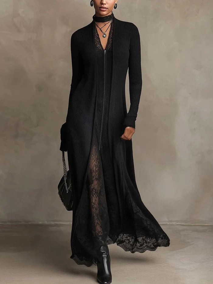 Selene | Abito Maxi Effetto Cardigan con Inserti in Pizzo