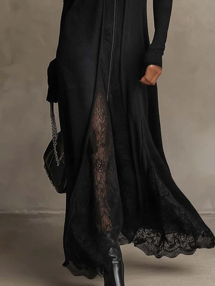 Selene | Abito Maxi Effetto Cardigan con Inserti in Pizzo