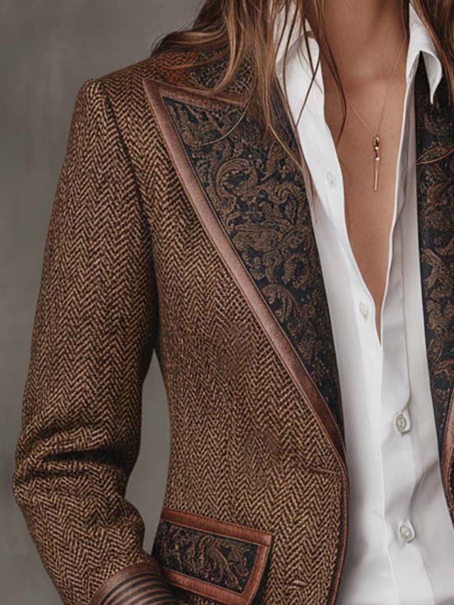 Gisella | Blazer Marrone a Pannelli Chevron