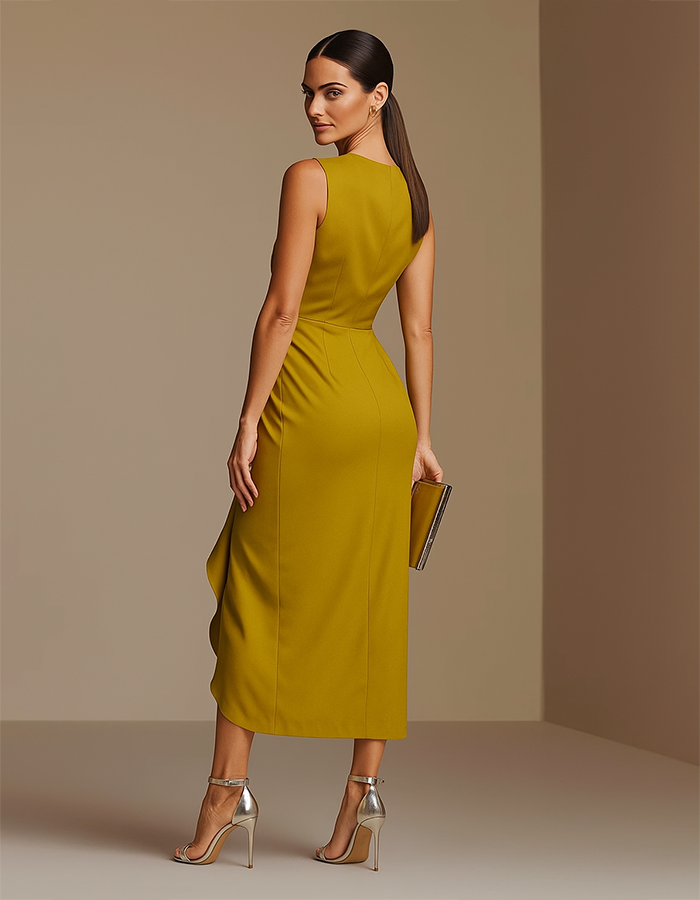 Elisabetta | Abito Midi Drappeggiato con Fiore in Vita e Spacco