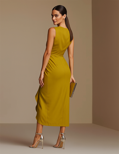 Elisabetta | Abito Midi Drappeggiato con Fiore in Vita e Spacco