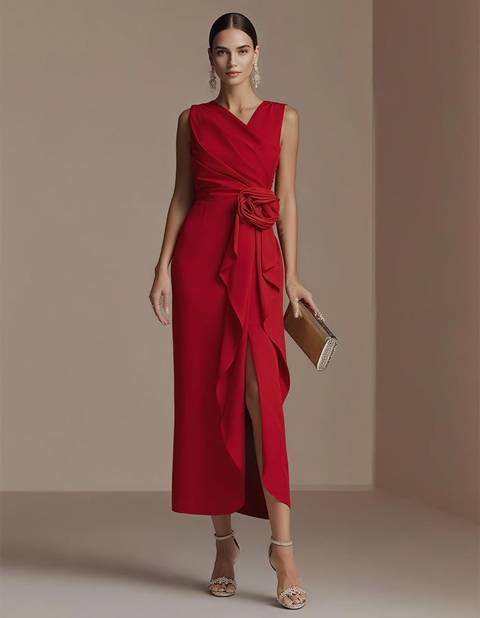 Elisabetta | Abito Midi Drappeggiato con Fiore in Vita e Spacco