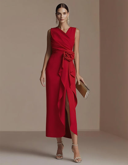 Elisabetta | Abito Midi Drappeggiato con Fiore in Vita e Spacco
