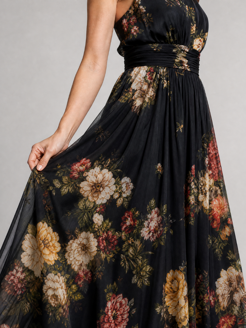 Valentina | Abito midi con stampa floreale e collo halter