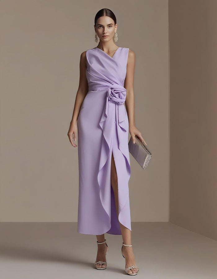 Elisabetta | Abito Midi Drappeggiato con Fiore in Vita e Spacco