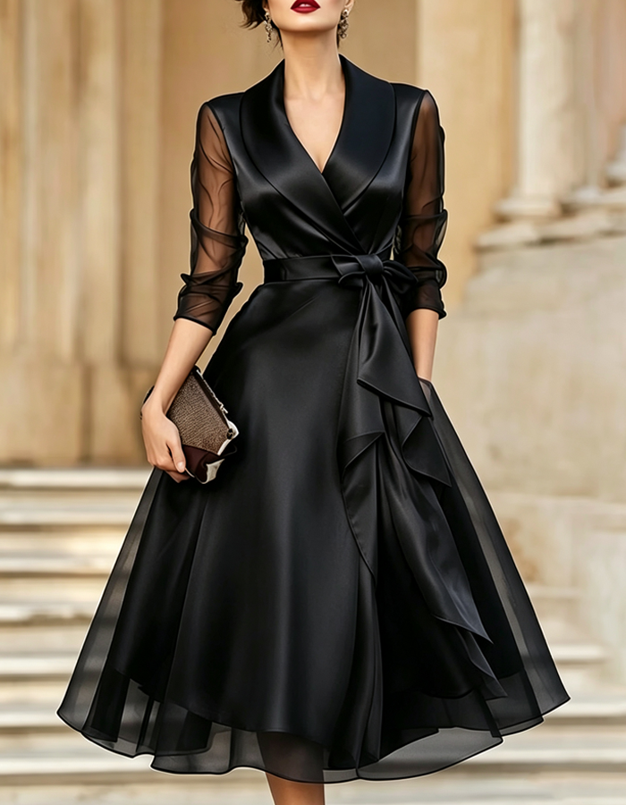 Mirella | Abito Midi con Scollo a V e Fiocco in Vita