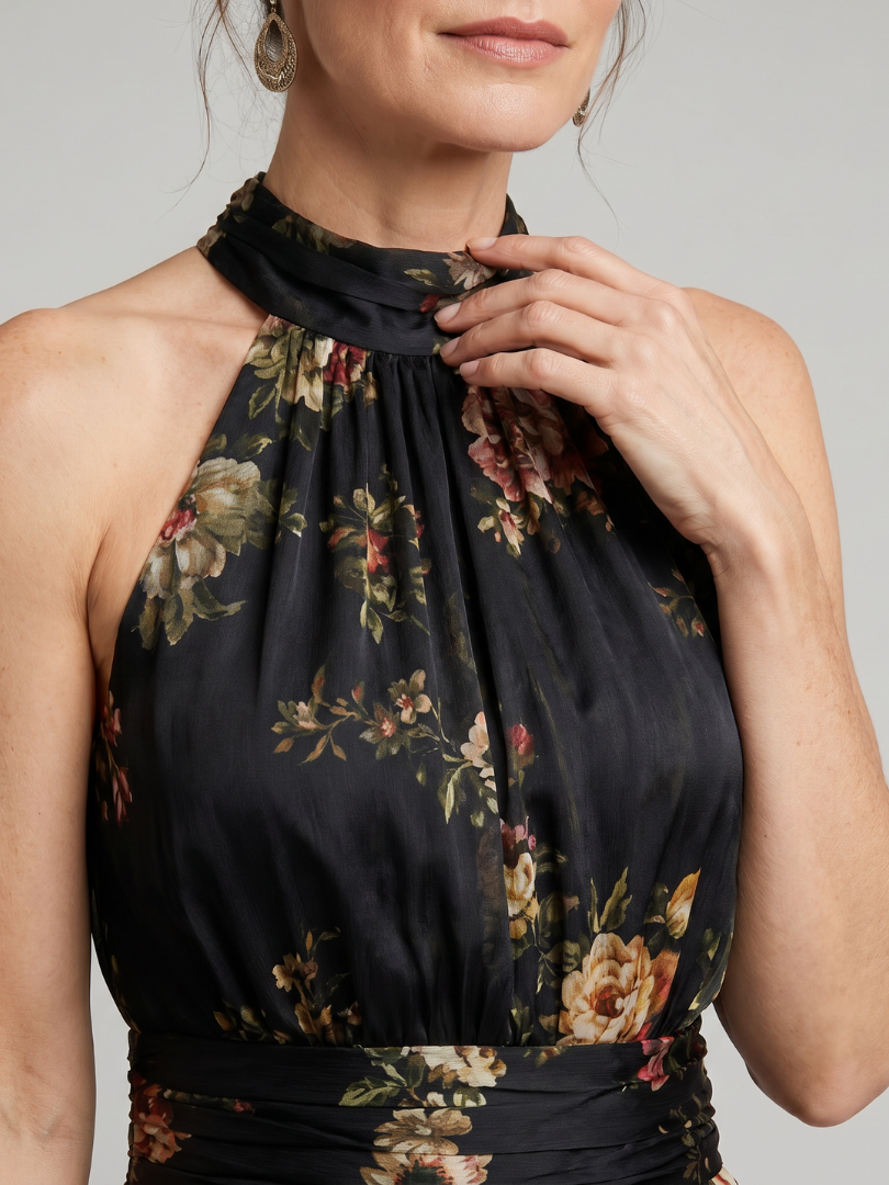 Valentina | Abito midi con stampa floreale e collo halter