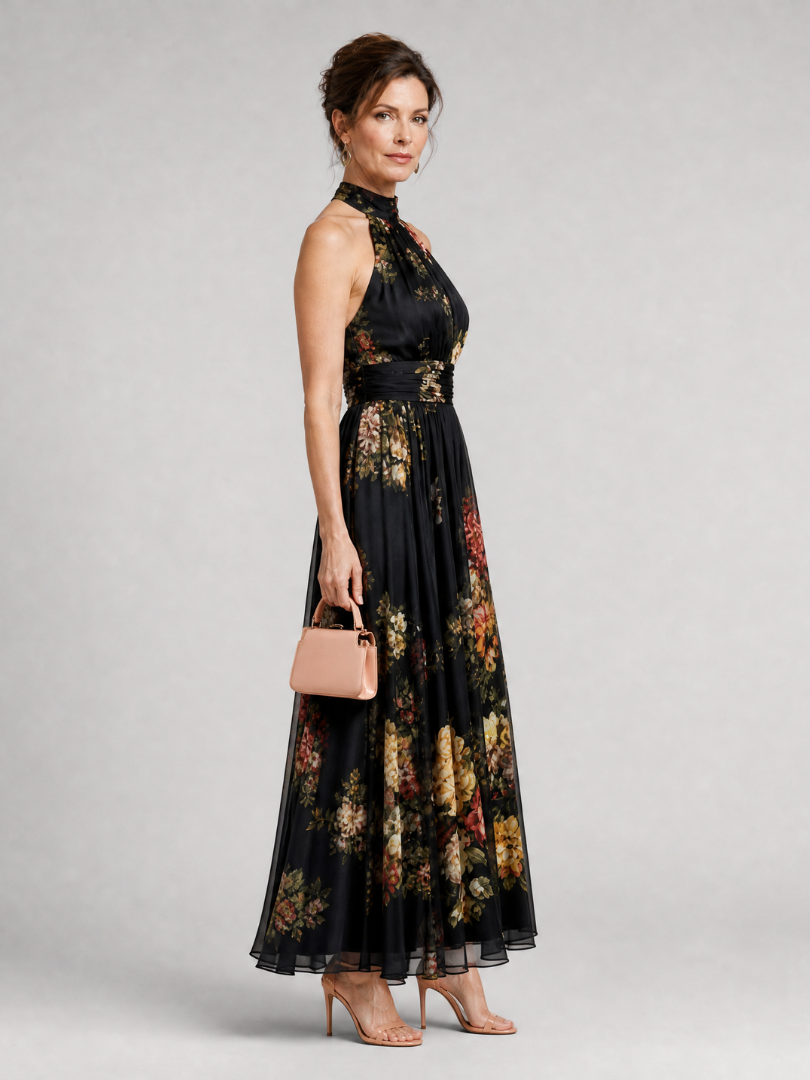 Valentina | Abito midi con stampa floreale e collo halter
