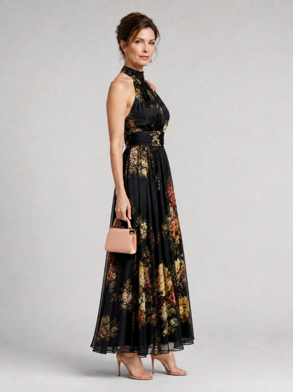 Valentina | Abito midi con stampa floreale e collo halter