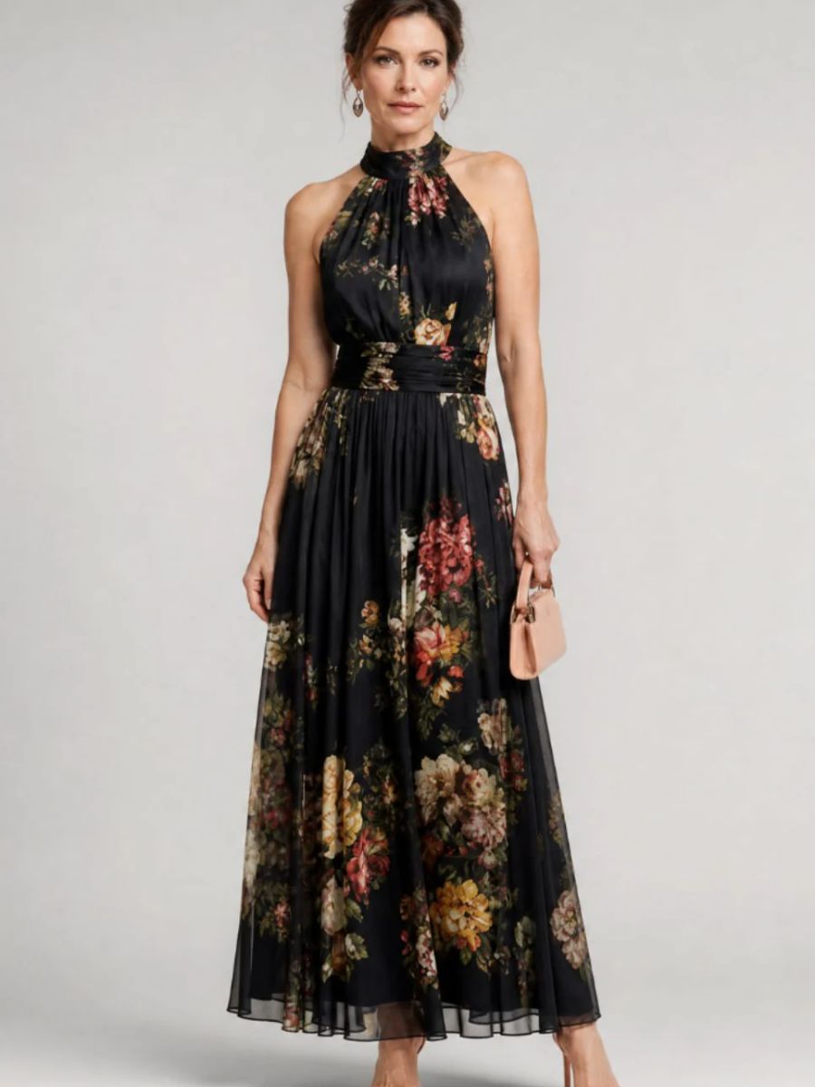 Valentina | Abito midi con stampa floreale e collo halter