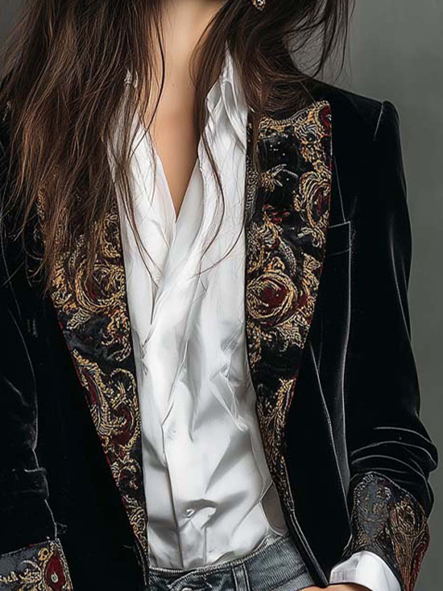 Leontina | Blazer Nero Aderente Stampa Barocca