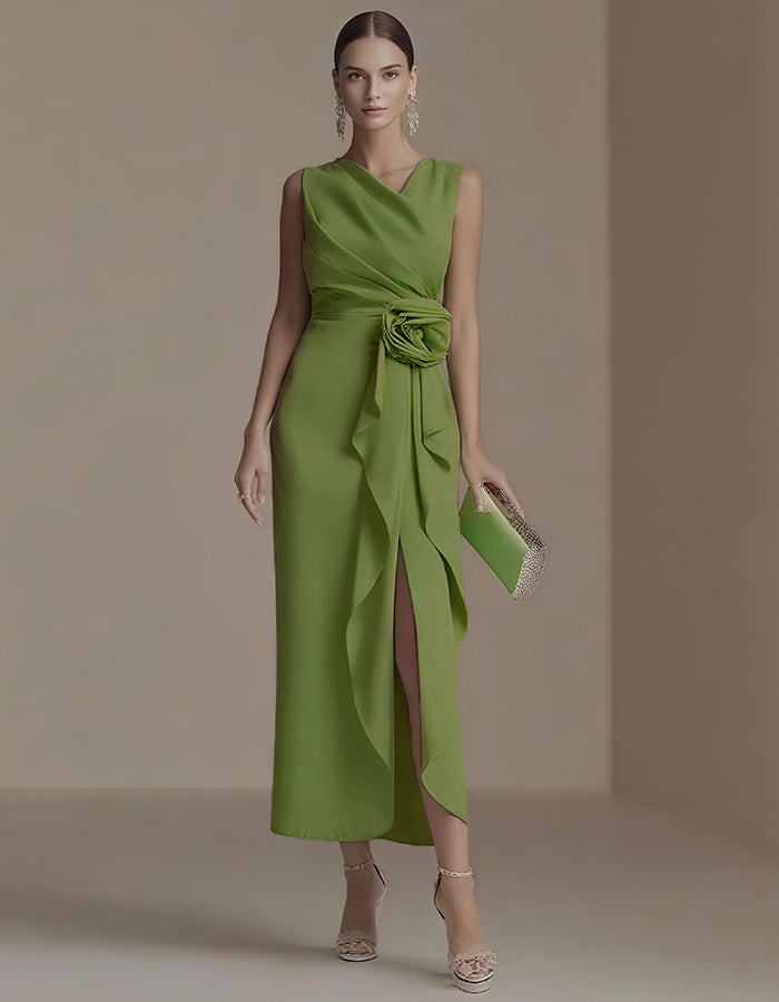 Elisabetta | Abito Midi Drappeggiato con Fiore in Vita e Spacco