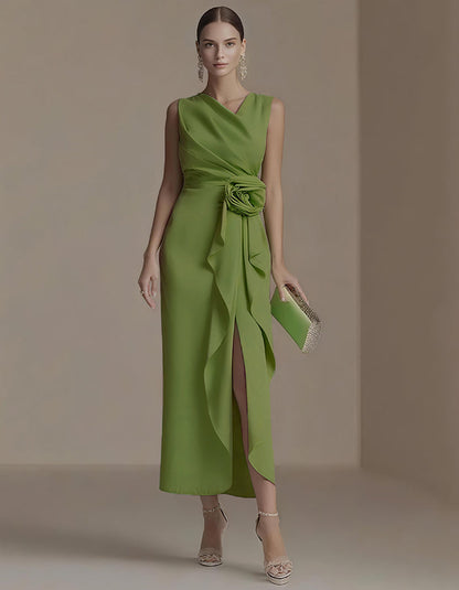 Elisabetta | Abito Midi Drappeggiato con Fiore in Vita e Spacco