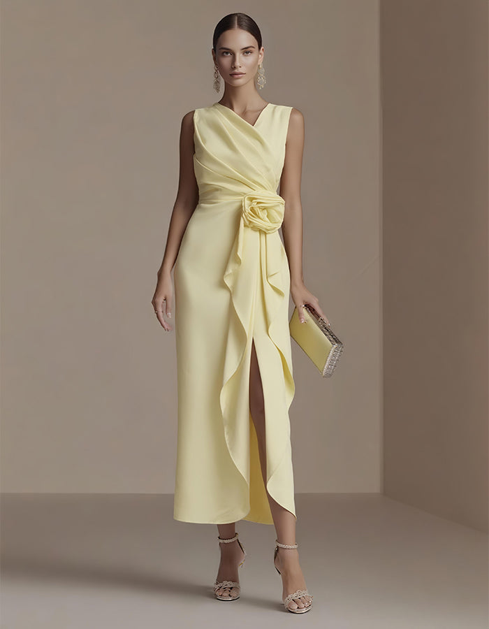 Elisabetta | Abito Midi Drappeggiato con Fiore in Vita e Spacco