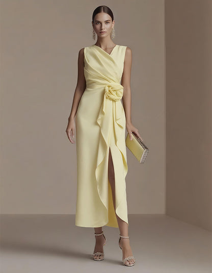 Elisabetta | Abito Midi Drappeggiato con Fiore in Vita e Spacco