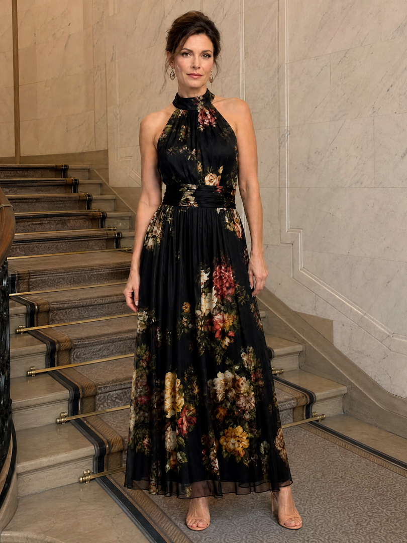 Valentina | Abito midi con stampa floreale e collo halter