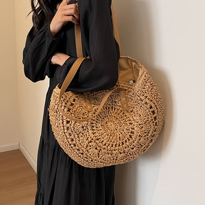 Lola | Bolso redondo de paja trenzada con estampado — Coñac